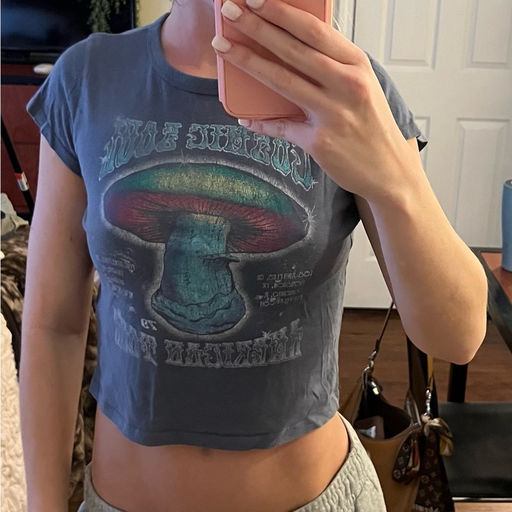 Hollister Blue- Gray Crop Top with Mushroom Graphic